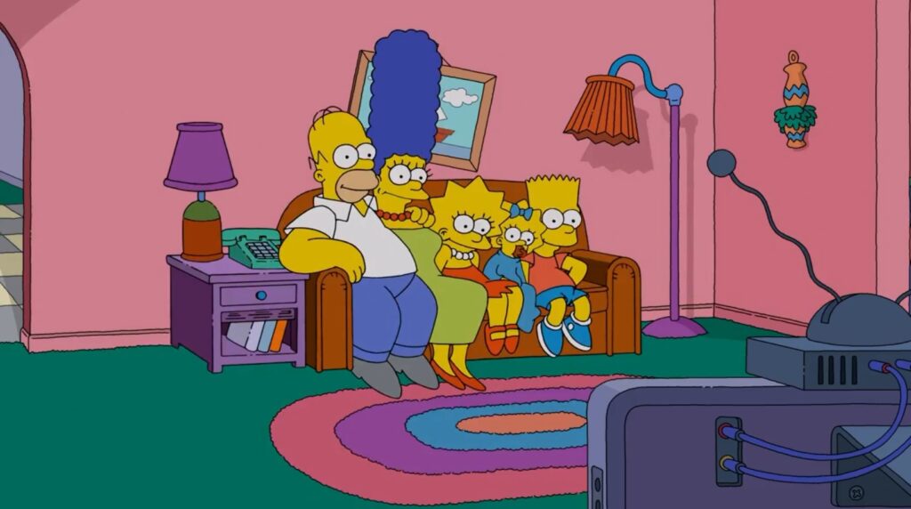 The Simpson family sitting on a couch in their living room.