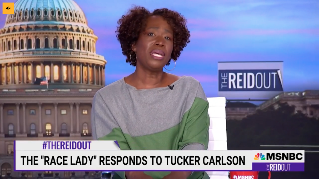 A screen capture of the MSNBC program 'the Reid Out' featuring a woman in a gray and green top. The lower third includes the text "the 'News Lady' Responds to Tucker Carlson."
