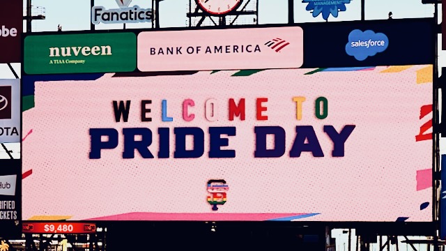 The large video display at Oracle Park in San Francisco displaying a welcome message for the Giants' Pride Day game on June 15, 2024.