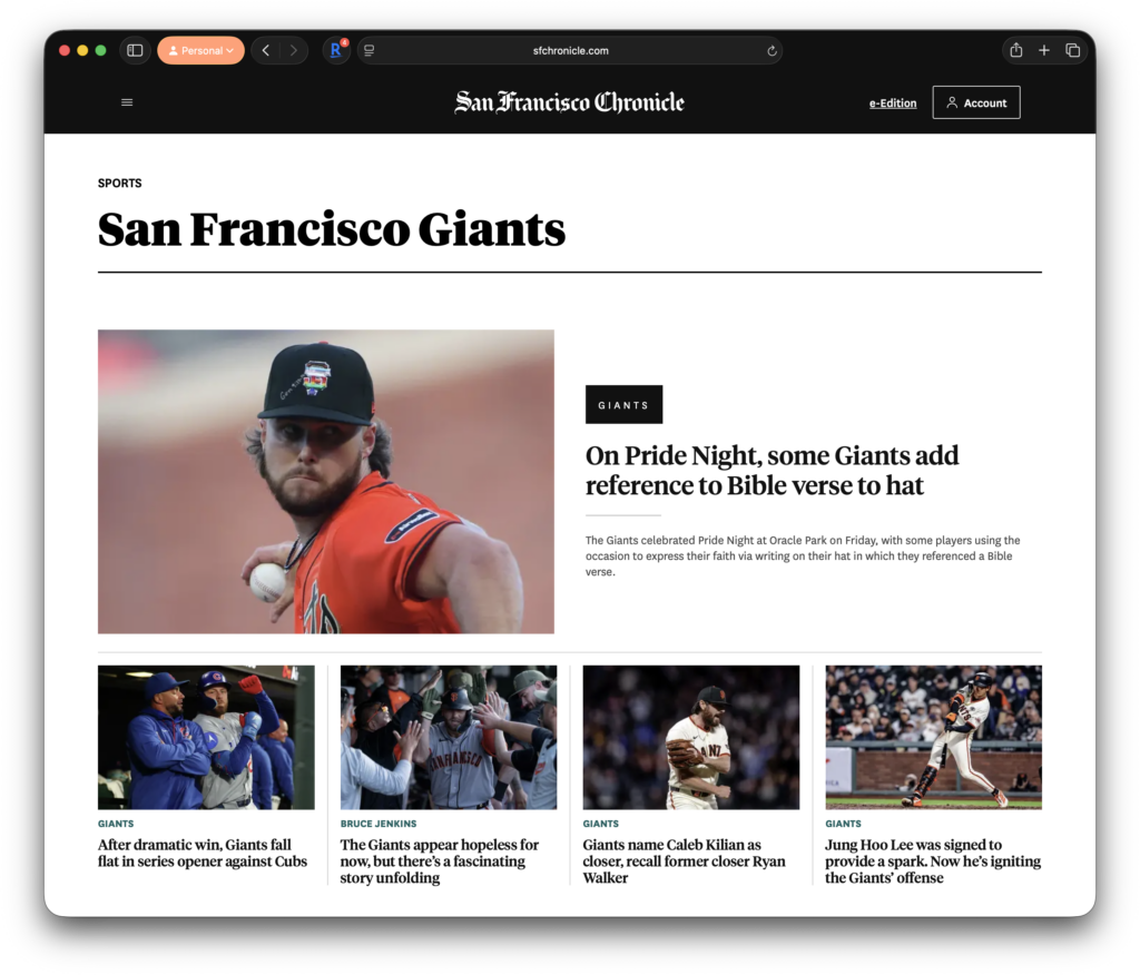 Screen capture from the San Francisco Chronicle on June 13, 2026. Articles covering the San Francisco Giants are featured, with the main headline reading 'On Pride Night, some Giants add reference to Bible verse to hat'